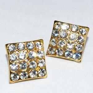 Vintage Clear Rhinestone Post Earrings, Gold Tone, 1980s, 1 1/8 Inches